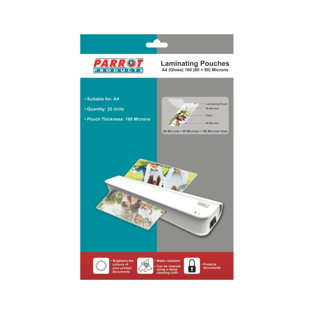 Parrot Laminating Pouches (A4 - Gloss -  220x310mm - 160 (80+80) Microns - Pack 25)