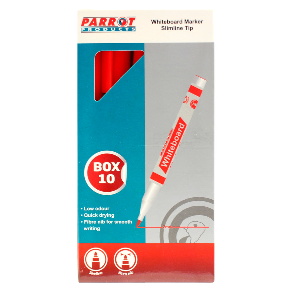Parrot Whiteboard Markers (10 Markers - Slimline Tip - Red)