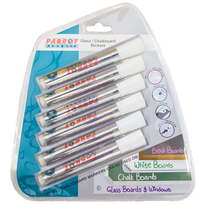 Parrot Glass / Chalkboard Markers (Bullet - 6 Markers - Carded White)