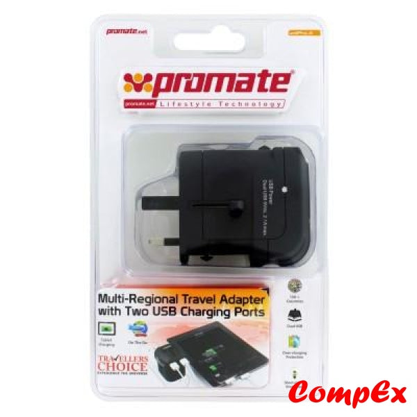 Promate Unipro.4 Multi-Regional Travel Adapter With Two Usb Charging Ports Power Adaptor